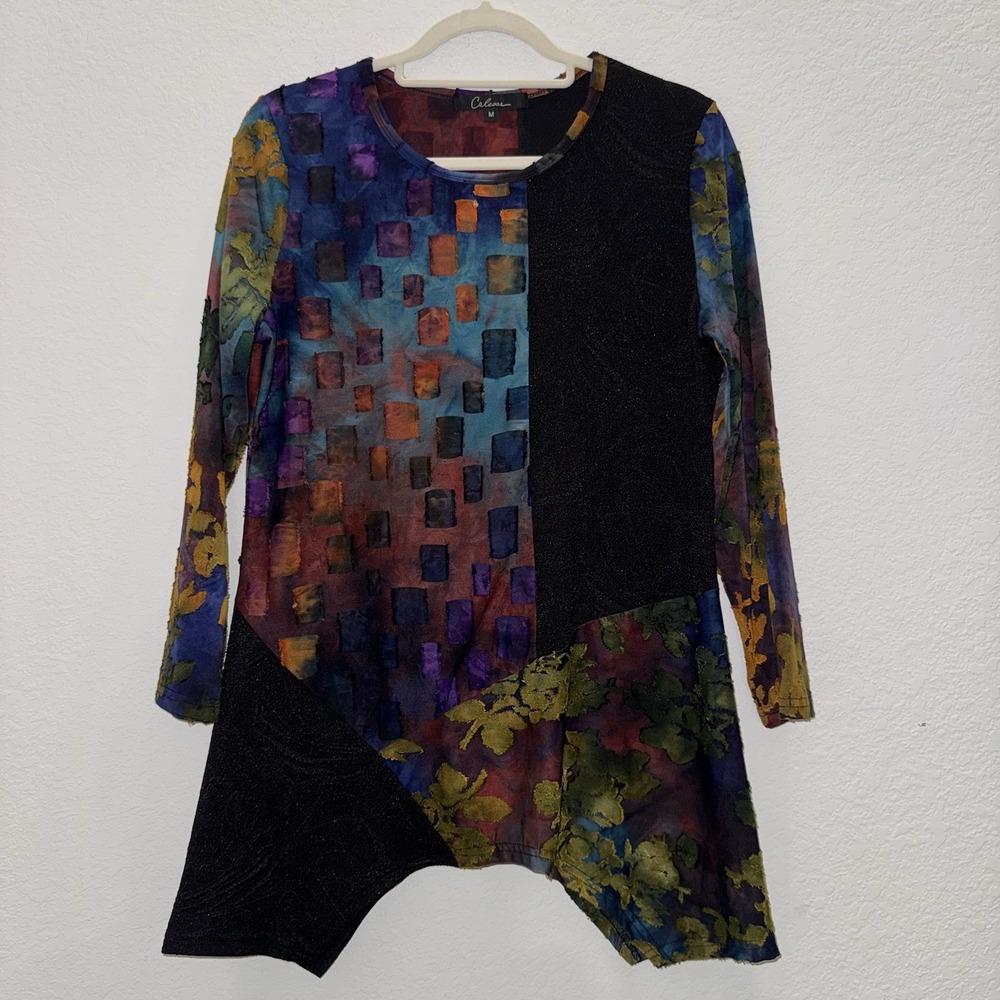Calesas Women's M Artsy Blouse Stained Glass Patchwork Boho Chic Whimsical
